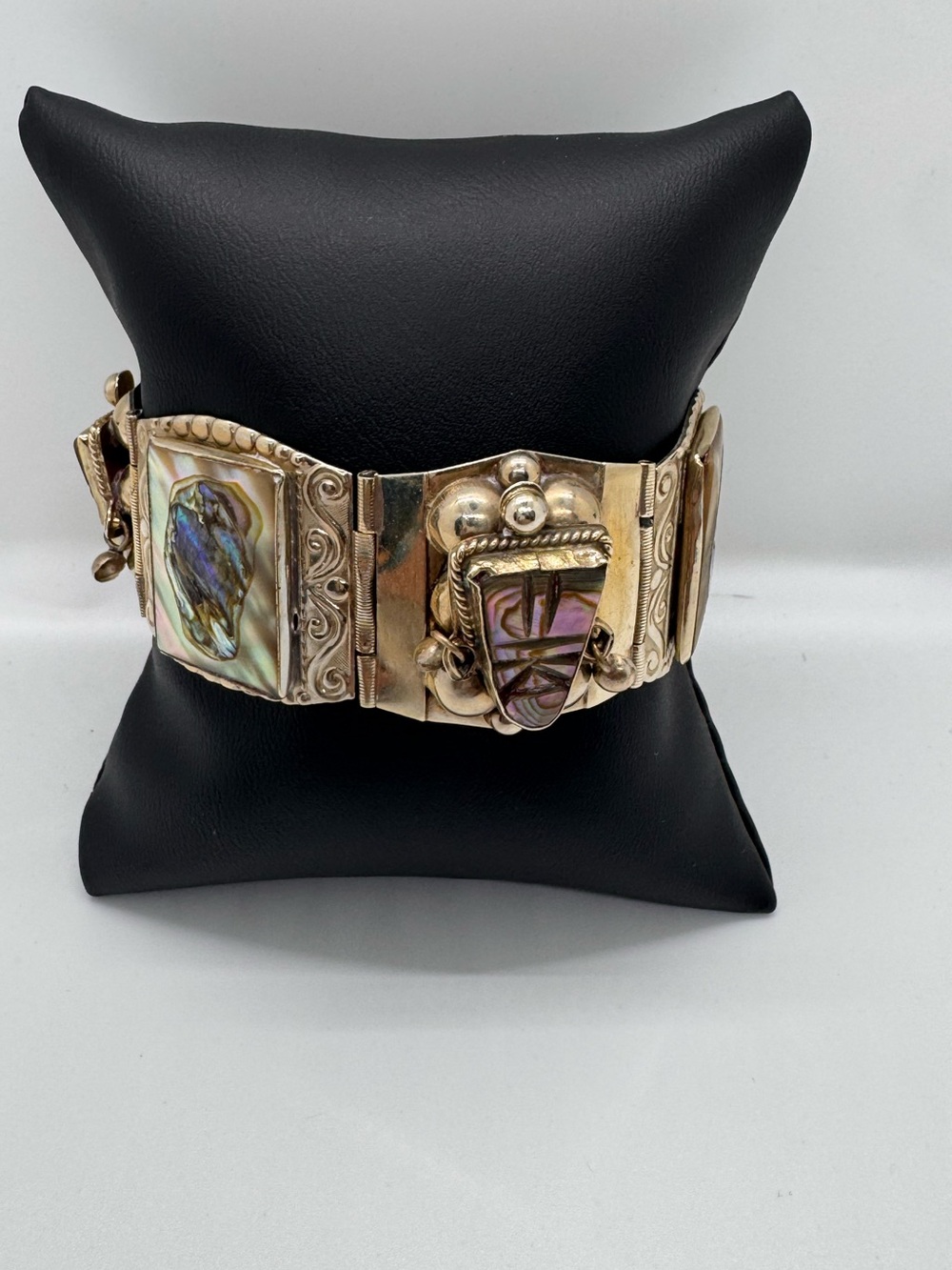 Vintage Taxco Mexico 925 Sterling Silver Abalone Aztec Mask Panel Bracelet - Picture 11 of 16